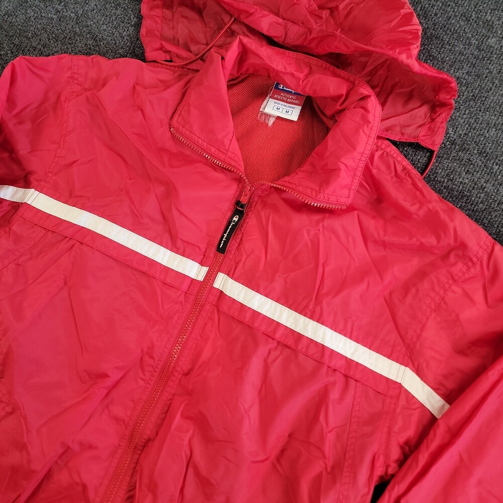 Vintage Champion Windbreaker Jacket Full Zip Red Hooded Medium Hide A Way Hood